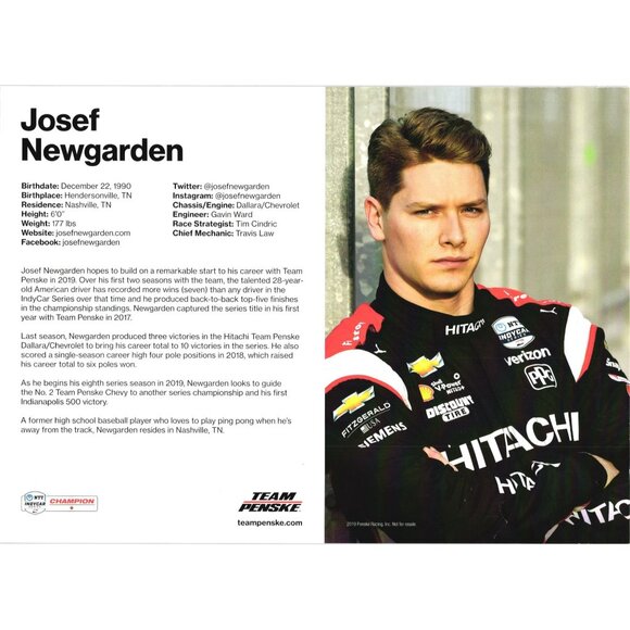 Josef Newgarden Signed 2019 Team Penske Hitachi 9 x 6.5 Postcard Chevrolet - Picture 2 of 4